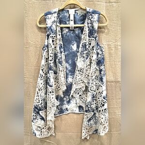 Chico's Blue Tie Dye Open Front Vest Long Flowy Lace Embroidered Trim Size 1